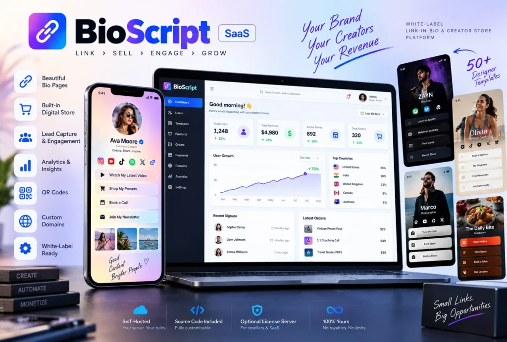 BioScript — Launch Your Own Branded Bio-Link SaaS & White-Label Platform